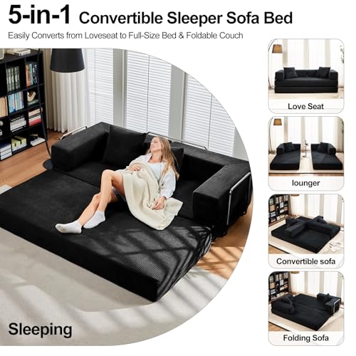 SEQAVRW 79" Boneless Sofa Bed, 5-in-1 No-Assembly Convertible Sleeper Couch with Fixed Frame Armrests, Modular Corduroy Futon, Compressed in a Box for Space Saving (Black, Includes 2 Pillows) SEQAVRW