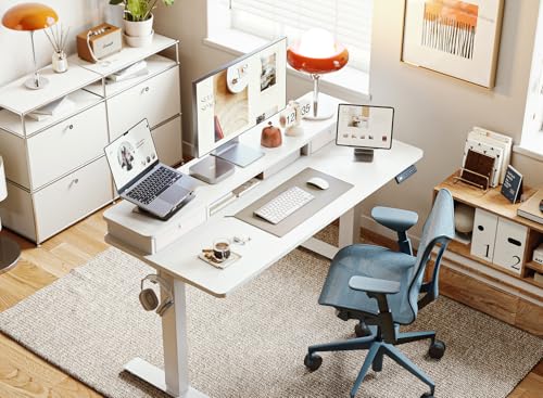 CubiCubi 55 x 24 Inch Electric Height Adjustable Standing Desk with Double Drawers, 4 Adjustable Feet & 2 Hooks, Home Office Computer Workstation, White CubiCubi