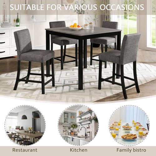 KEIKI 5-Piece Counter Height Dining Table Set with Square Table and 4 Upholstered Curved Backrset Chair, for 4 Person, Modern Wooden Table Set, Easy Assembly, for Kitchen, Dining Room, Black+Gray KEIKI