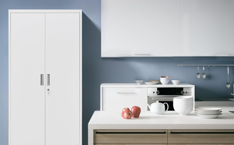 BESFUR Metal Storage Cabinets with Locking Doors and Adjustable Shelves, Steel Storage Cabinet for Garage, Office, Classroom - White BESFUR