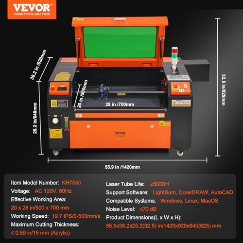 VEVOR 80W CO2 Laser Engraver, 20 x 28 in, 19.7 IPS Laser Cutter Machine with 2-Way Pass Air Assist, Compatible with LightBurn, CorelDRAW, AutoCAD, Windows, Mac OS, Linux, for Wood Acrylic Fabric More VEVOR