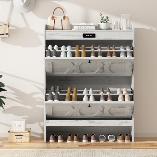 VFF Deodorizing Storage 2 Flip Drawers, LED Touchscreen Freestanding Organizer with Wooden Leg, Narrow Shoe Rack Cabinet for Hallway, Bedroom and Entryway, 31.5 x 9.5 x 41.57 inches, Rustic White VFF