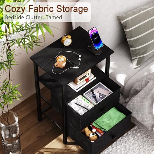 LOAKEKEL Night Stand Set 2, Bed Side Table with 2 Fabric Drawers, Nightstand with Open Storage Shelf for Bedroom, Small End Tables Living Room, Black, HETS002BK LOAKEKEL