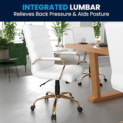 Flash Furniture Whitney Mid-Back Swivel LeatherSoft Desk Chair with Padded Seat and Armrests, Adjustable Height Padded Office Chair, White/Gold Flash Furniture