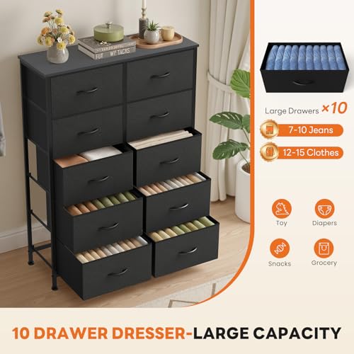 Sweetcrispy 10 Drawer Fabric Dresser Storage Tower with Bins, Tall Chest Organizer for Bedroom Closet Hallway, Steel Frame Wood Top Easy Pull Handles,Black Sweetcrispy