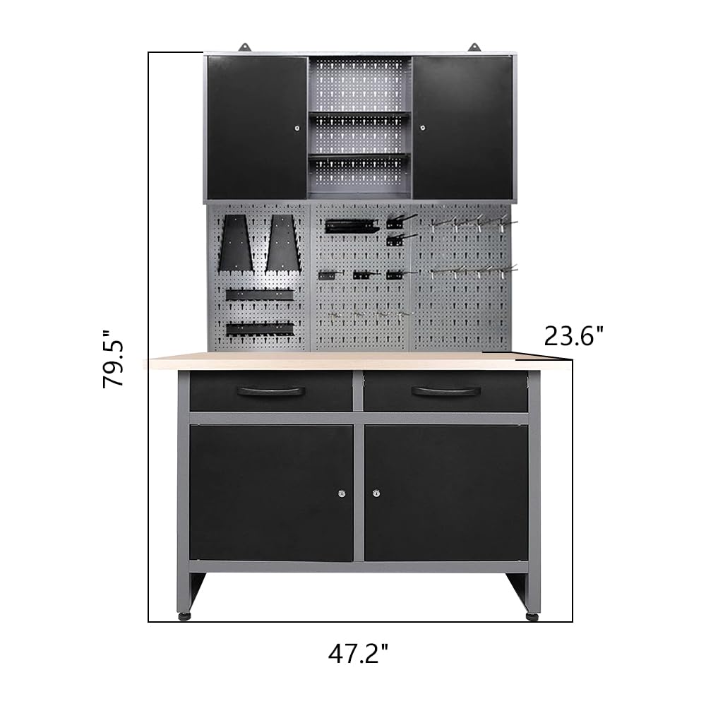 Industrial Steel Garage Storage Cabinet System, Included Pegboard Wall Cabinet Wood Table Top, for Auto Repair Shops, Utility Room JZD