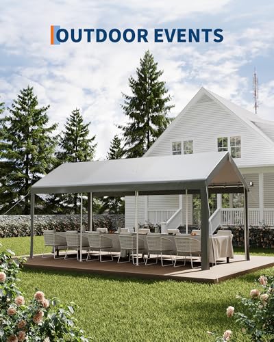 10x20 ft Carport Car Port Canopy with PE Fabric and Galvanized Steel Frame,Outdoor Shelter Waterproof & UV Protected with Windproof Ropes,Ideal for All-Season Tarp for Car, Truck,Grey. ElfinAura