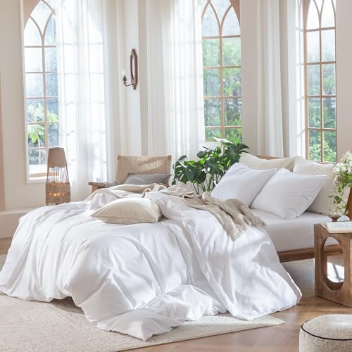 MooMee Bedding Duvet Cover Set 100% Washed Cotton Linen Like Textured Breathable Durable Soft Comfy (Solid Bright White, Queen 90"x90") MooMee