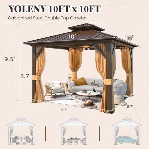 YOLENY 10' x 10' Hardtop Gazebo, Metal Gazebo with Aluminum Frame, Double Galvanized Steel Roof, Curtains and Netting Included, Pergolas for Patios, Garden, Parties, Lawns YOLENY