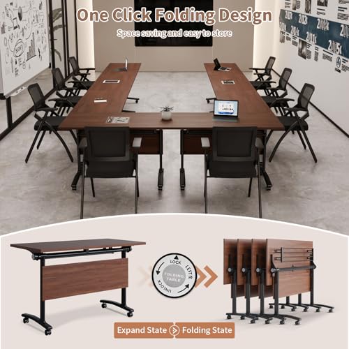 Folding Conference Table, Conference Room Tables for 6-12 Person, Modern Modular Training Table with 360° Silent Wheels, Large Mobile Foldable Seminar Meeting Tables for Office (6, Walnut, 47.2in) Jklmzpf
