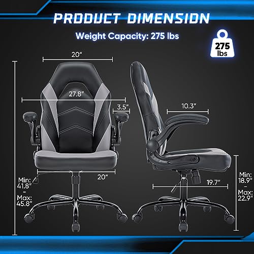 OLIXIS Big and Tall Office Desk Leather Gaming Computer Chair with Adjustable Swivel Task and Flip-up Arms for Adults, Teens, Grey OLIXIS