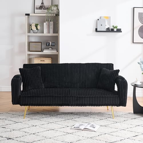 73" Convertible Futon Sofa Bed,Modern Corduroy Sleeper Couch with 3 Reclining Backrests,Golden Chrome Legs,Comfy Cloud Sofa Loveseat for Small Living Room Bedroom Office (Black) Majnesvon