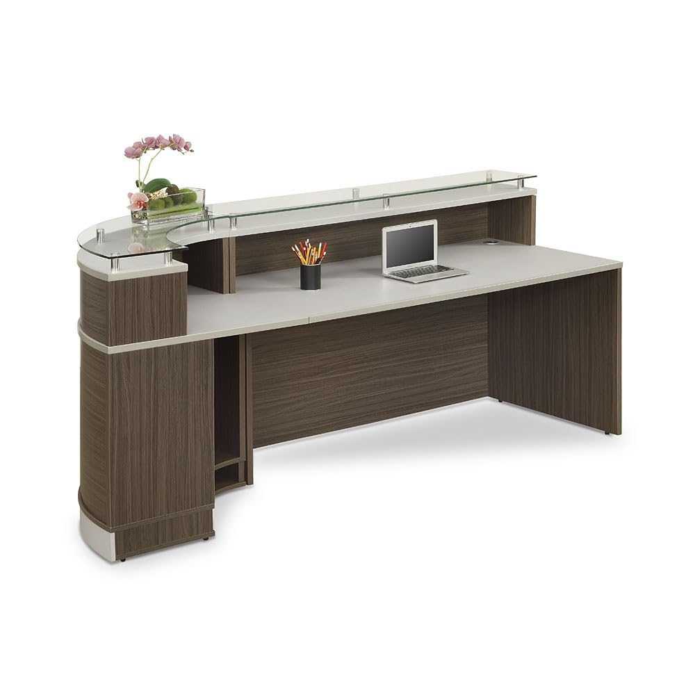 NBF Modern Reception Desk Counter Office Lobby Salon Retail Checkout Desk Curved 96" W x 31" D Driftwood Laminate nbf signature series
