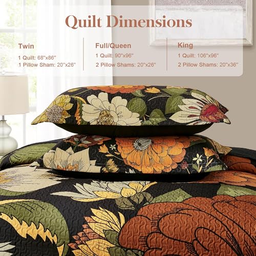 Tyrot 3 Piece Black Boho Floral King Size Quilt Sets Reversible Farmhouse Botanical Lightweight Bedspread Coverlet with 2 Shams Mid Century Microfiber Bedding Quilts Set for All Season,106''x96'' Tyrot