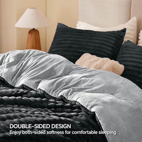 BEDELITE Fleece Queen Comforter Set -Super Soft & Warm Fluffy Black Bedding, Luxury Fuzzy Heavy Bed Set for Winter with 2 Pillow Cases BEDELITE