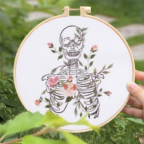 Yangshine 2 Sets Human Anatomy Embroidery Kit for Beginners,Flower with Skull Patterns Cross Stitch Kits,Including Embroidery Hoops, Fabric,Color Threads,Needles,Instructions and Tool Kit