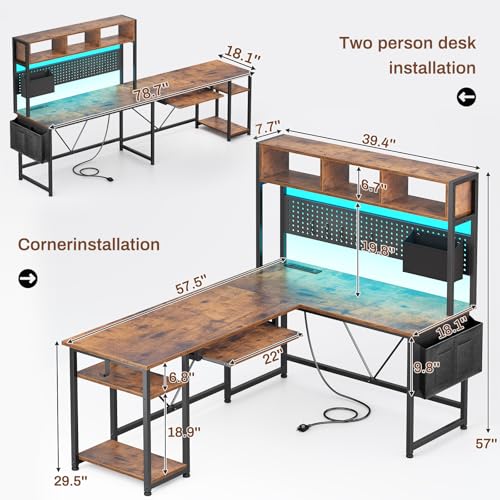 SEDETA L Shaped Gaming Desk with Hutch, 57.5” Reversible Corner Computer Desk with Storage Shelves, Gaming Desk with Pegboard, LED Lights, Power Outlet, Keyboard Tray (Rustic Brown) SEDETA