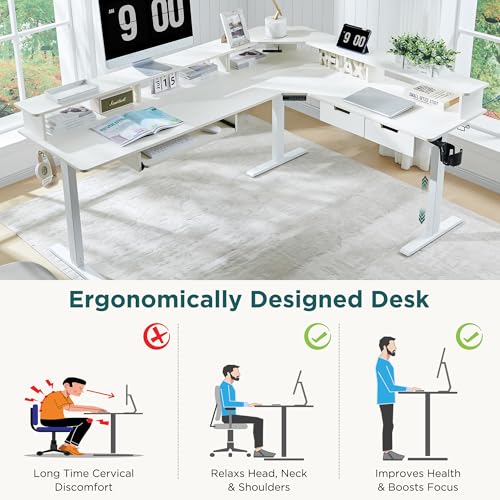 RedLemon 75X60 Inches L Shaped Electric Standing Desk, Height Adjustable Corner Gaming Desk with Drawers, Keyboard Tray, Power Outlets & LED Lights, Computer Desk with Monitor Shelf, Antique White RedLemon
