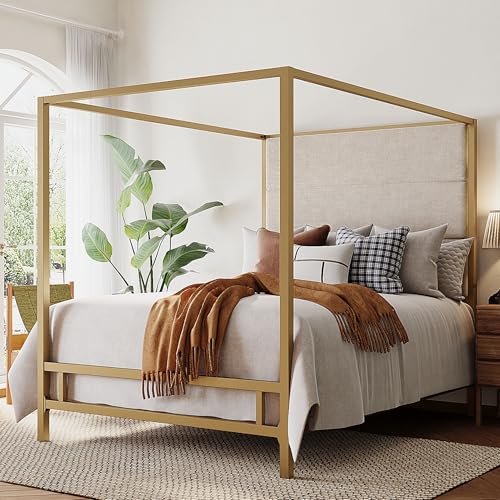 Merax King Size Gold Metal Canopy Bed Frame, Modern Upholstered Linen Headboard with Tall Back Support, 800 lbs Weight Capacity, Luxurious 4-Poster Bedroom Furniture for Modern Home, Gold+Tan