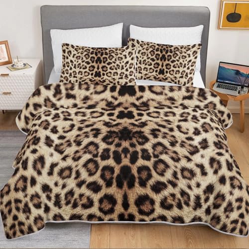 HOSIMA Leopard King Size Quilt,Brown Lightweight Animal Themed Cheetah Bedding Set,Leopard Print Soft Summer Quilts King for Adults Bedroom Decor with 2 Pillowcases. HOSIMA