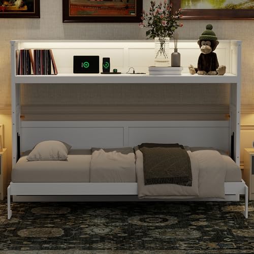 Ball & Cast Twin XL Size Murphy Bed Chest with Desk,can be Folded,Solid Pine Hideaway Cabinet Bedframe w/LED Light and USB Charging Station,for Home Office Small Room Living Room,White Ball & Cast