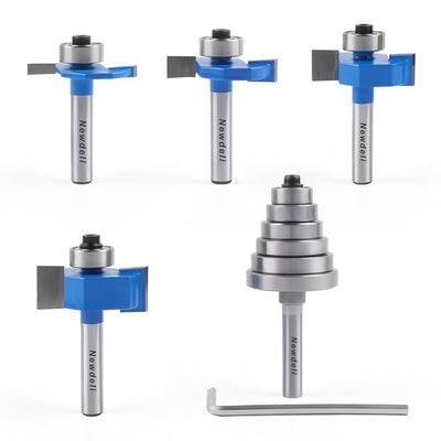 Newdeli Rabbet Router Bit Set 1/4 Inch Shank - 4Pcs Rabbeting Router Bits(1/8",1/4",3/8", 1/2" Height) with 6 Bearings Set (1/2", 5/8", 3/4", 7/8", 1", 1-1/8" Bearings) - Wood Biscuit Slot Cutters