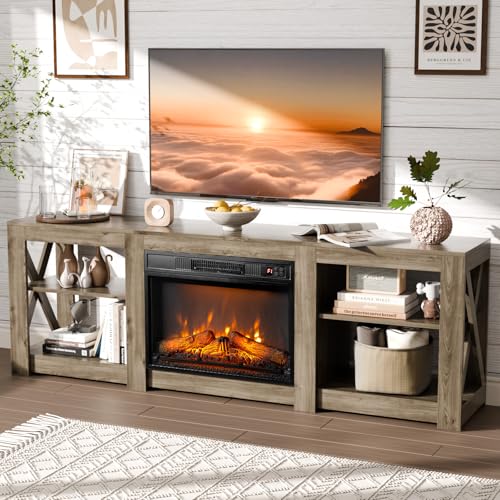 VINGLI Fireplace TV Stand for up to 80 inch TVs, Farmhouse Entertainment Center with Electric Fireplace Heater & Adjustable Shelves, Fireplace Media Console Table for Living Room, Gray Oak VINGLI