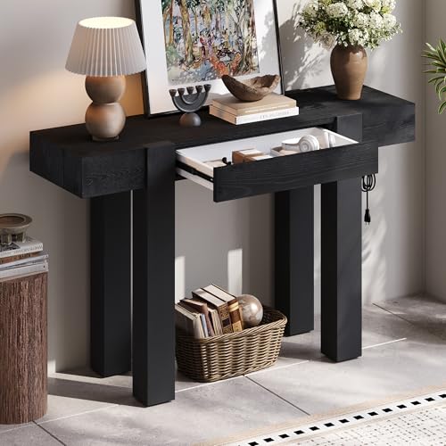 Aiuyesuo Rustic Minimalist Console Table with Hidden Drawer, Wood Entryway Table with Side Power Outlet for Entryway, Living Room and Home Office (Black-X210) Aiuyesuo
