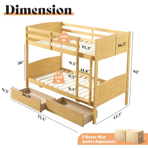 AMERLIFE Twin Over Twin Bunk Bed with Storage Drawers, Solid Rubberwood 2-in-1 Convertible Loft Beds with Ladders, Modern Detachable Bed Frame for Kids and Teens Bedroom, Natural Wood AMERLIFE