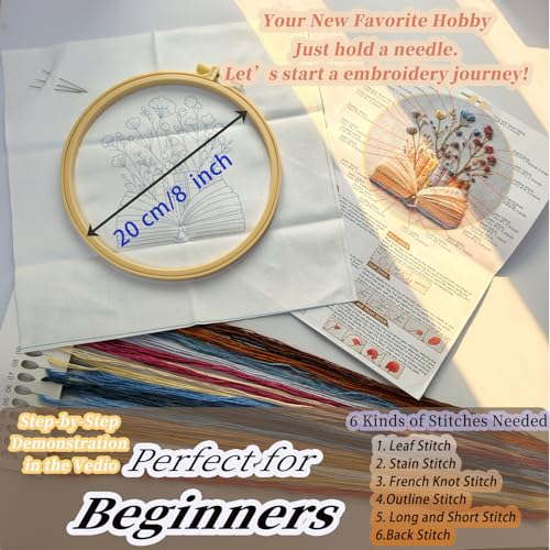 FONNUY Embroidery Kit for Beginners, Flower Book Pre-Stamped Pattern Kits for Adults with Hoop, Cross Stitch Easy to Follow Color Thread Needlework, 8'' Hoop (Blue)