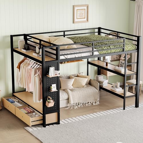 ICIUIOIR Queen Loft Bed Frame with Shelves, Drawers, Pegboard and Wardrobe, All-in-One Black Storage Loft Beds for Adults, MDF + Metal Bed Frame, Space-Saving Design for Bedroom/Queen ICIUIOIR