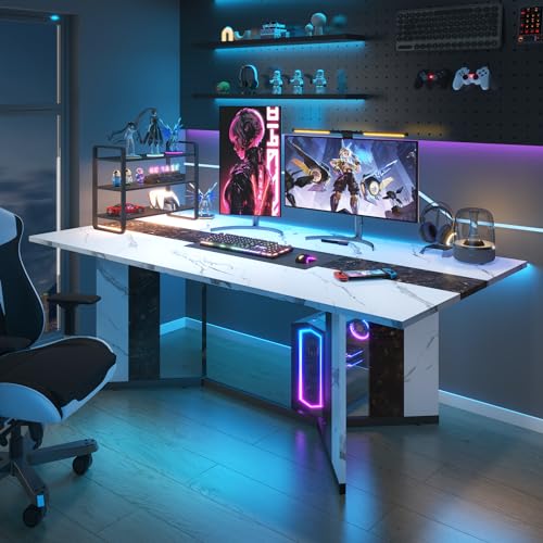 Hlivelood 71In Large Rectangular White Dining Table for 4 5 6 7 8 People w/35 Marble-Color Wood Watrproof Tabletop,Adjustable Leg.6ft Luxurious Family Dinner Table for Office Kitchen Living Room Hlivelood