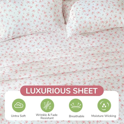 MUXHOMO King Size 4 Piece Sheet Set, Soft Breathable Bed Sheet Set for Bedroom with Deep Pocket Up to 16", Wrinkle-Free & Cooling Bedding for Oeko-TEX Certified - Blossoms Pink MUXHOMO