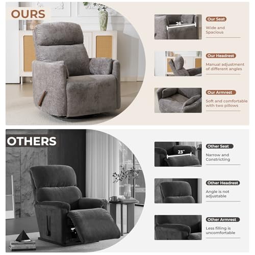 Oversized Swivel Rocker Recliner with Massage and Heat, Swivel Nursery Recliner With Adjustable Headrest, Manual Rocker Recliner Chair with Two Removable Pillows, Rocking Nursery Chair, Dark Grey