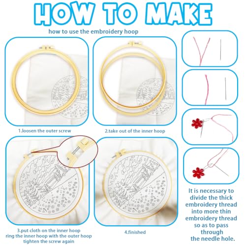 ACRNIGHEET 5 Pack Embroidery Kit for Beginners Adults, Stamped Cross Stitch Kits, Hand Embroidery Starter Kit Including 5 Stamped Embroidery Cloth, Colorful Threads, Hoop, Instruction, Gift Idea