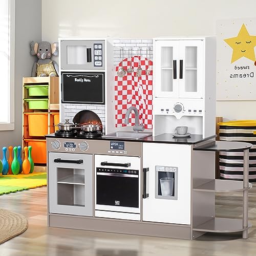 BRINJOY Kids Kitchen Playset, Wooden Toddler Kitchen Set w/Curtains, Coffee Maker, Storage Shelf, Stove,Sink, Utensils, Light & Sound, Kids Pretend Play Kitchen Toy Gift for Girls Boys (3-Stage) BRINJOY