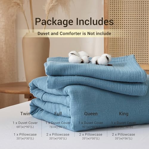 100% Cotton Muslin Duvet Cover Set Queen Size Turquoise Blue, Ultra Soft Breathable Absorbent Gauze Bedding Duvet Cover, Luxurious Minimalist Natural Wrinkle Linen Textured Comforter Cover 90" x 90" YASMENG