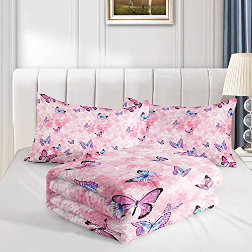 Datura home Kids Comforter Set Girls Pink Flower Butterfly Printed Pattern Quilt Bedding Set with 1 Comforter and 2 Pillowcases for Girls Bedroom All Season(Pink Flower Butterfly Twin 68x86inch) SXMFFHCG