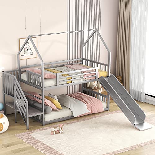 Twin Over Twin Bunk Bed with Slide and Storage Stairs, Heavy Duty Bunk Bed/House Bunk Bed Twin Over Twin, Twin Floor Bunk Beds for Kids, Girls, Boys(Twin Over Twin Sliver) Bellemave