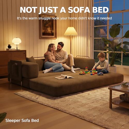 MoonSpeak 78.8''Sleeper Couch Bed for Livingroom,Convertible Modular Sofa with Armrest Pillow,Modular Foldable Corduroy Couches in a Box,No Assembly (Brown) MoonSpeak