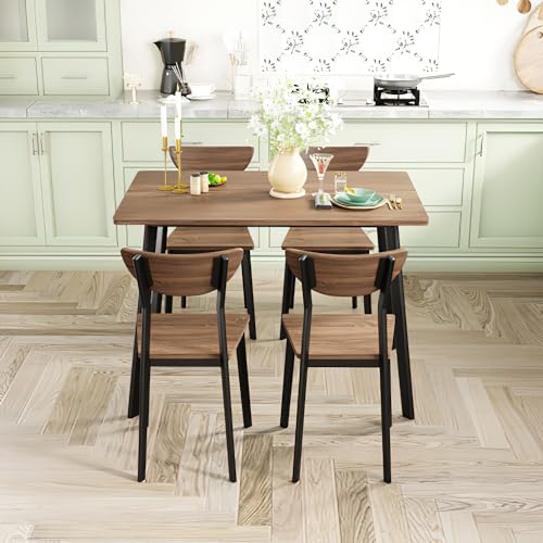 furlinkhm Kitchen Dining Table Set for 4, Modern Rectangular 5 Piece Dining Room Table and Chairs Set, Brown Wooden Metal Table Set for Family Dinner, Party, Afternoon Tea and Work (Curved Moon) furlinkhm