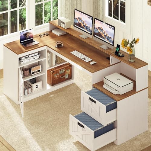 TVU Farmhouse L Shaped Desk with Drawers, 62.2" Home Office Desk with Storage Shelves and Power Outlet, L Shaped Computer Desk with Monitor Stand and Printer Shelf, Brown and White TVU