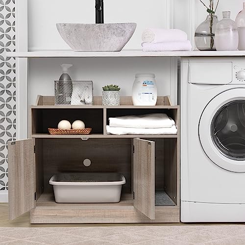 Front Row Cat Litter Box Furniture Enclosure | Wooden Hideaway Litterbox | Magnetic Closure with Metal Latch | Includes Cat Litter Trapping Non-Slip Mat with Scatter Control | Greige FRONT ROW