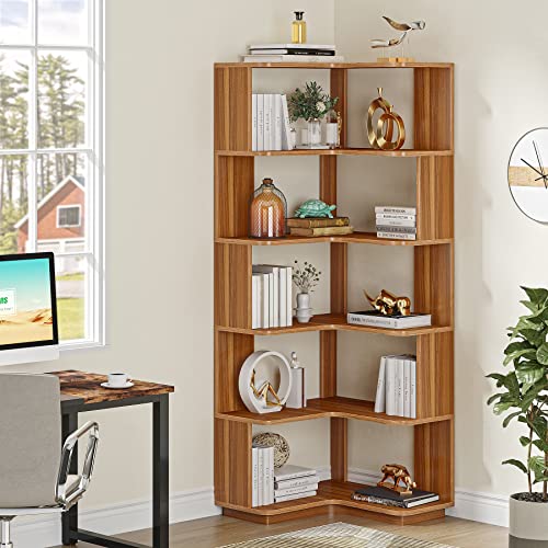 Tribesigns 6 Tier Industrial Corner Bookshelf with Anti-Fall Design - 64.9 Inch Freestanding Wood Grain Rack for Home Office Storage Tribesigns
