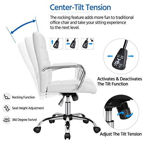 Yaheetech Office Desk Chair Mid-Back Leather Computer Chair Height Adjustable Ergonomic Executive Chair w/Lumbar Support Comfy Thick Padded Armrests and Seat, White Yaheetech