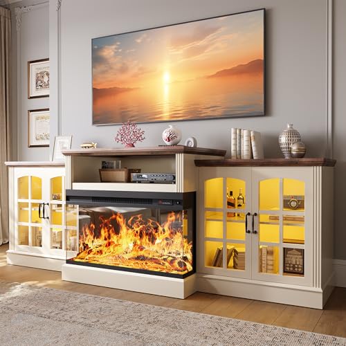 OneBlis 97" Fireplace TV Stand with 36" Electric Fireplace, Farmhouse Entertainment Center for TVs up to 100", Media Console Table with Large Storage Cabinets, for Living Room, White OneBlis