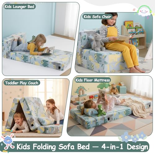 Tiita Kids Folding Sofa Bed Floor Mattress, Trifold Futon Mattress Kids Fold Up Bed, Toddler Fold Out Couch Beds, Foldable Toddler Floor Beds Nap Mat with Storage Bag, Green Dinosaur Tiita