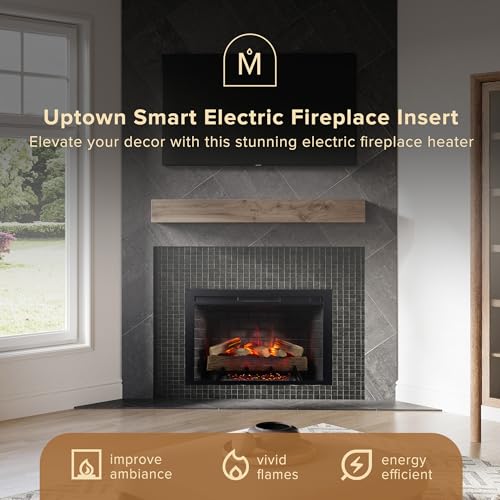 Modern Ember Uptown 36" Smart Electric Fireplace Insert with Remote Control, Alexa/WiFi Enabled - 1,000 Sq Ft Electric Heater with Realistic Flames and Log Set Modern Ember