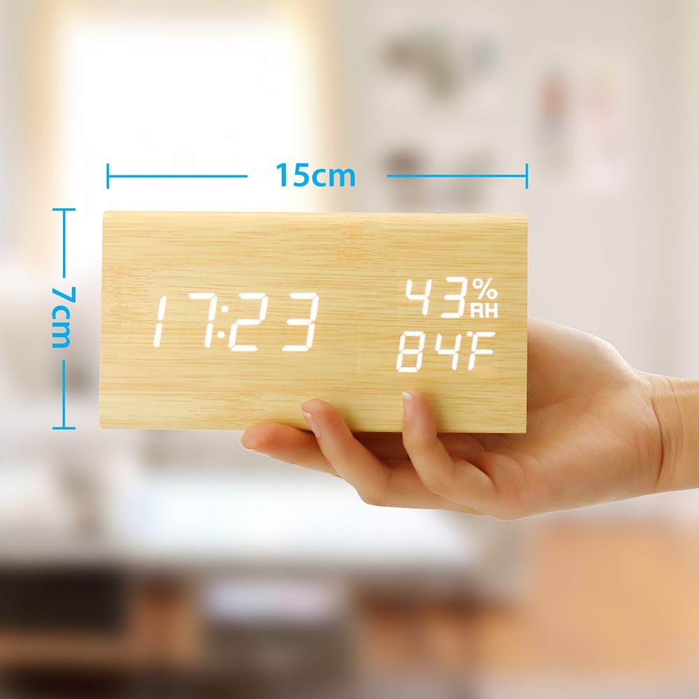 OCT17 Wooden Alarm Clock, Wood Alarm Clock Smart LED Digital Clock for Bedroom/desks, Upgraded with Time Temperature, Adjustable Brightness and Voice Control, Humidity Displaying - Bamboo OCT17