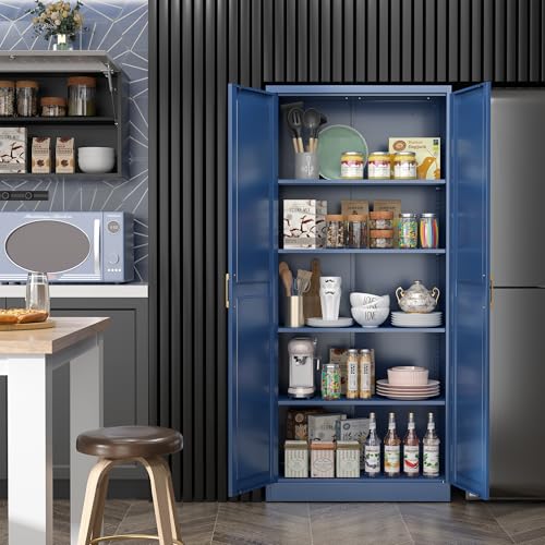 SteeLoong Kitchen Pantry Cabinet,71”Blue Metal Pantry Storage Cabinets with Doors and 4 Adjustable Shelves,Kitchen Cabinet with 2 Gold Handles,Tall Cabinet for Livingroom, SteeLoong